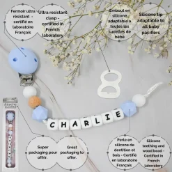 Irréversible Bijoux                    Attache-sucette silicone personnalisable    Bois Et Bleu            22 cm