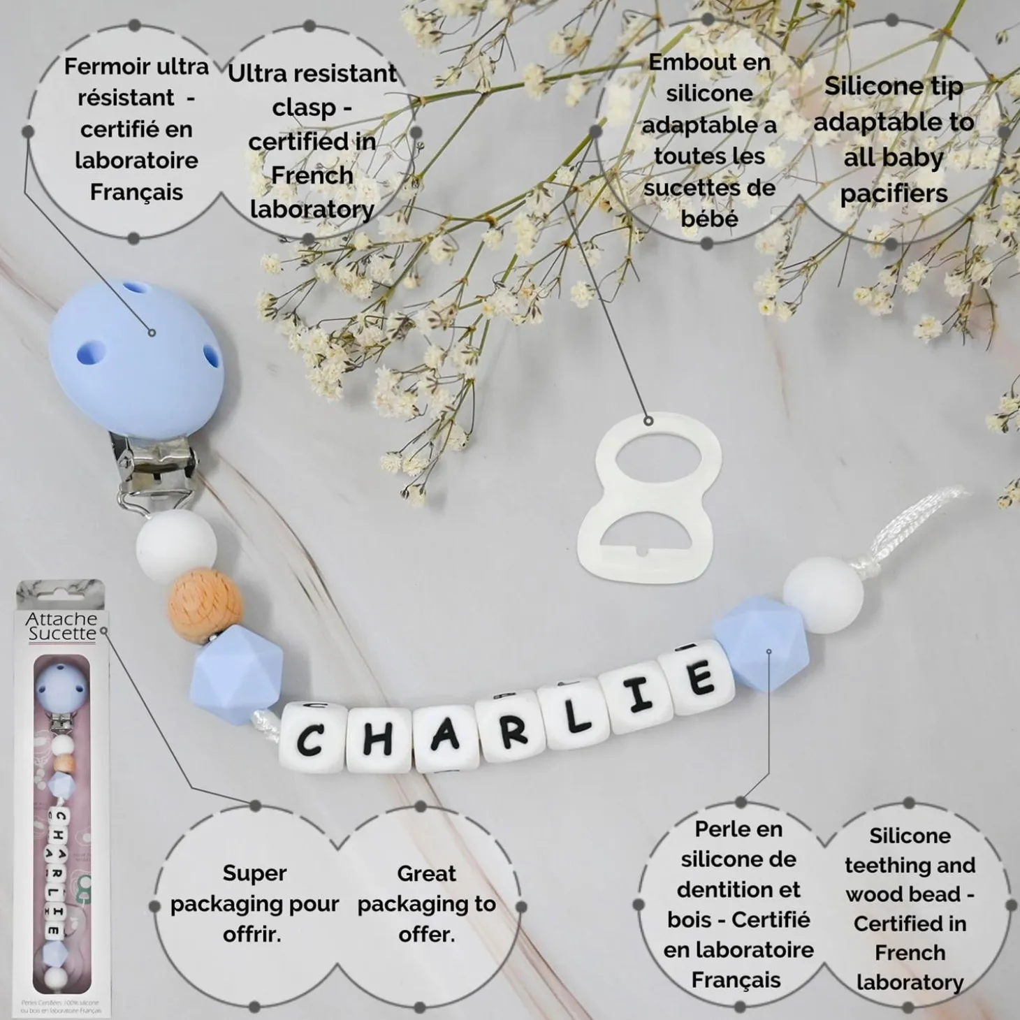 Irréversible Bijoux Attache-sucette silicone personnalisable Bois Et Bleu 22 cm