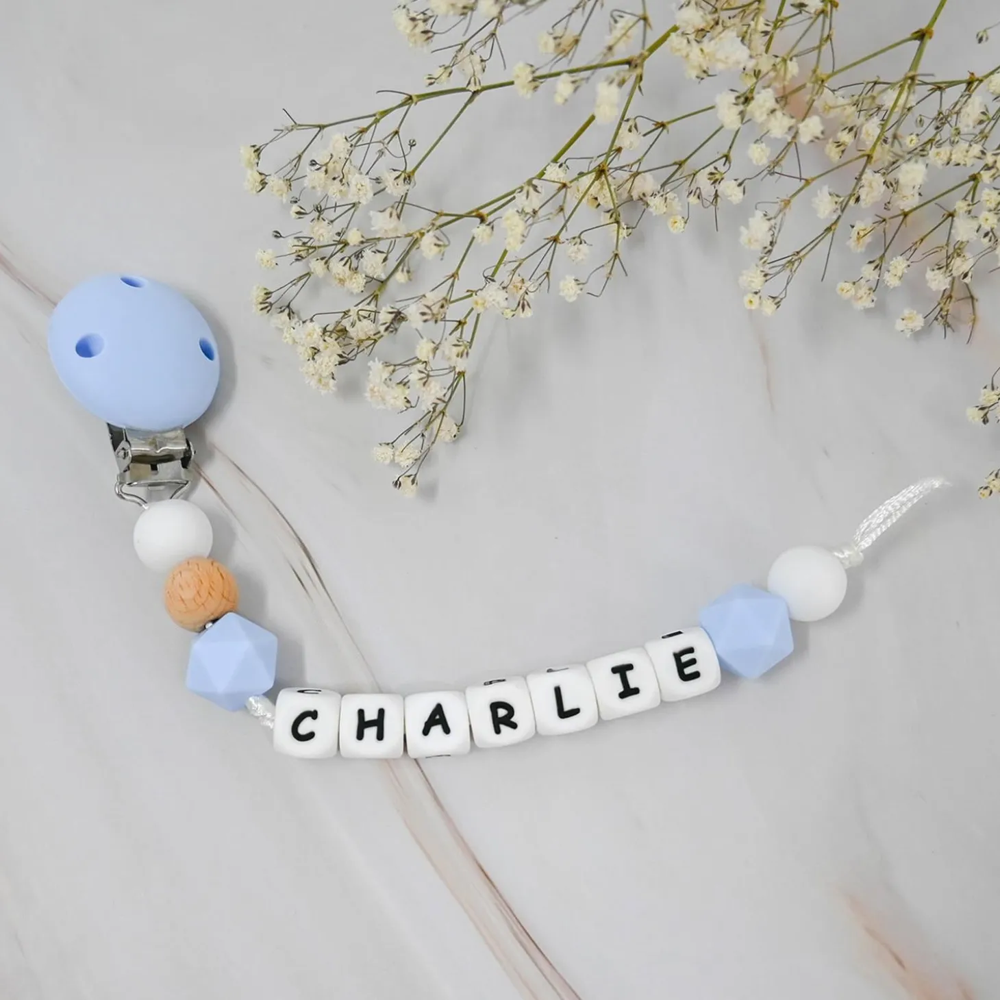 Irréversible Bijoux Attache-sucette silicone personnalisable Bois Et Bleu 22 cm
