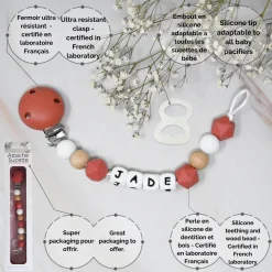 Irréversible Bijoux Attache-sucette silicone personnalisable rouille et bois 22 cm