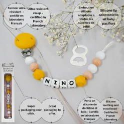 Irréversible Bijoux Attache-sucette silicone personnalisable Moutarde Et Bois 22 cm