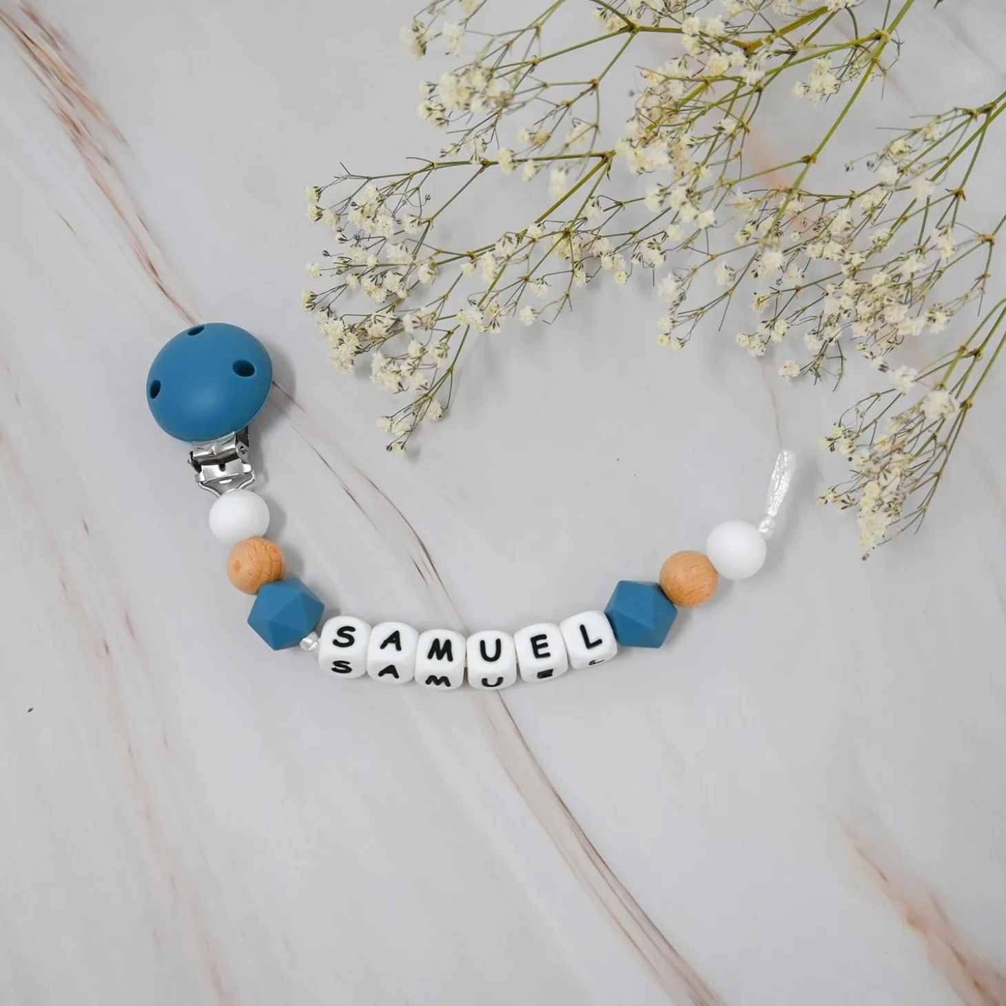 Irréversible Bijoux Attache-sucette silicone personnalisable bleu pétrole et bois 22 cm