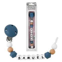 Irréversible Bijoux Attache-sucette silicone personnalisable bleu pétrole et bois 22 cm