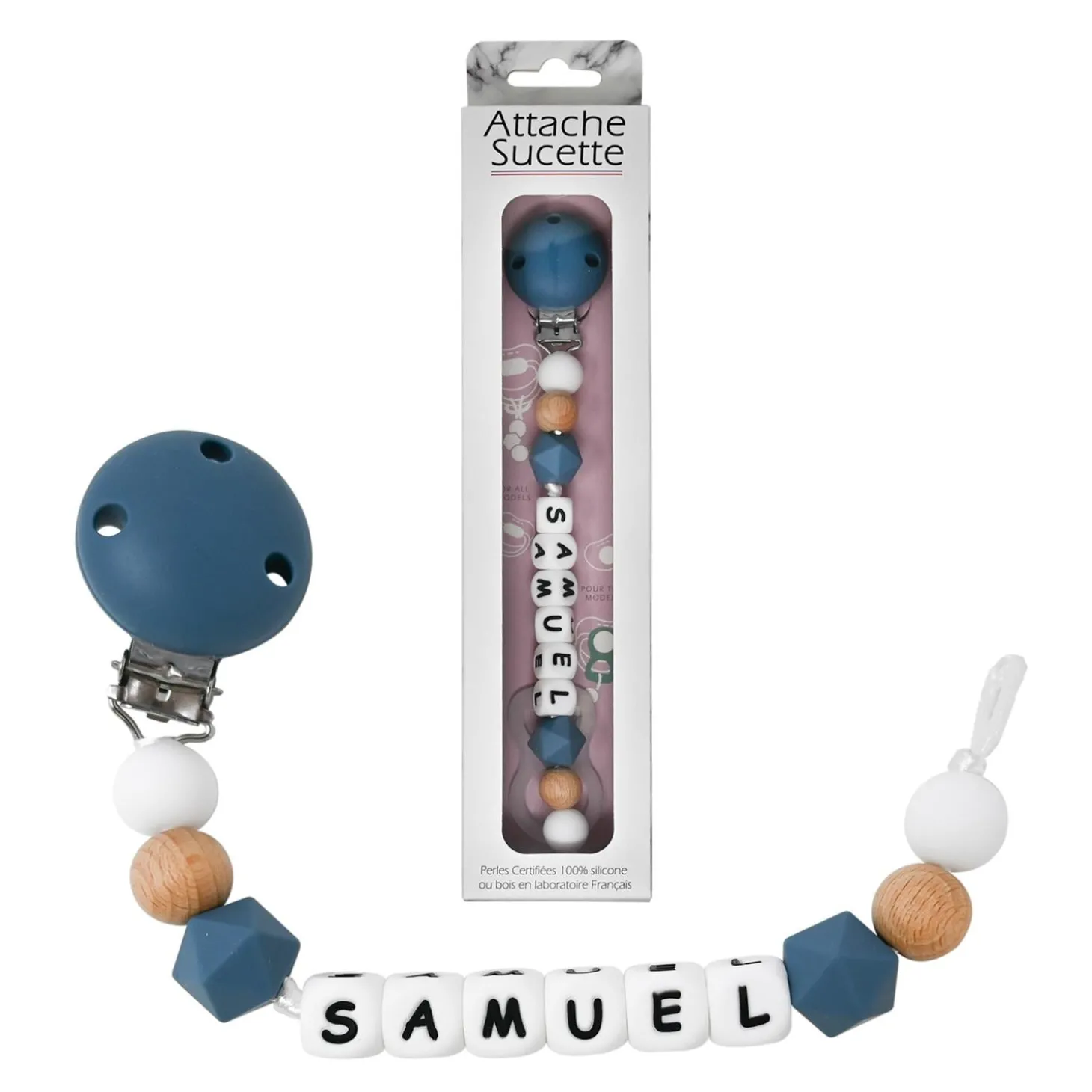 Irréversible Bijoux Attache-sucette silicone personnalisable bleu pétrole et bois 22 cm