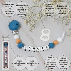 Irréversible Bijoux Attache-sucette silicone personnalisable bleu pétrole et bois 22 cm