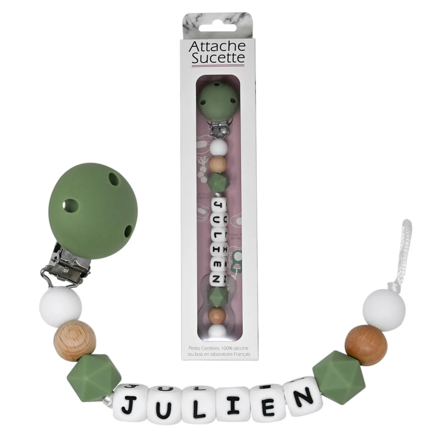 Irréversible Bijoux Attache-sucette silicone personnalisable Kaki Et Bois 22 cm