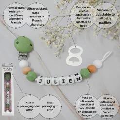 Irréversible Bijoux Attache-sucette silicone personnalisable Kaki Et Bois 22 cm