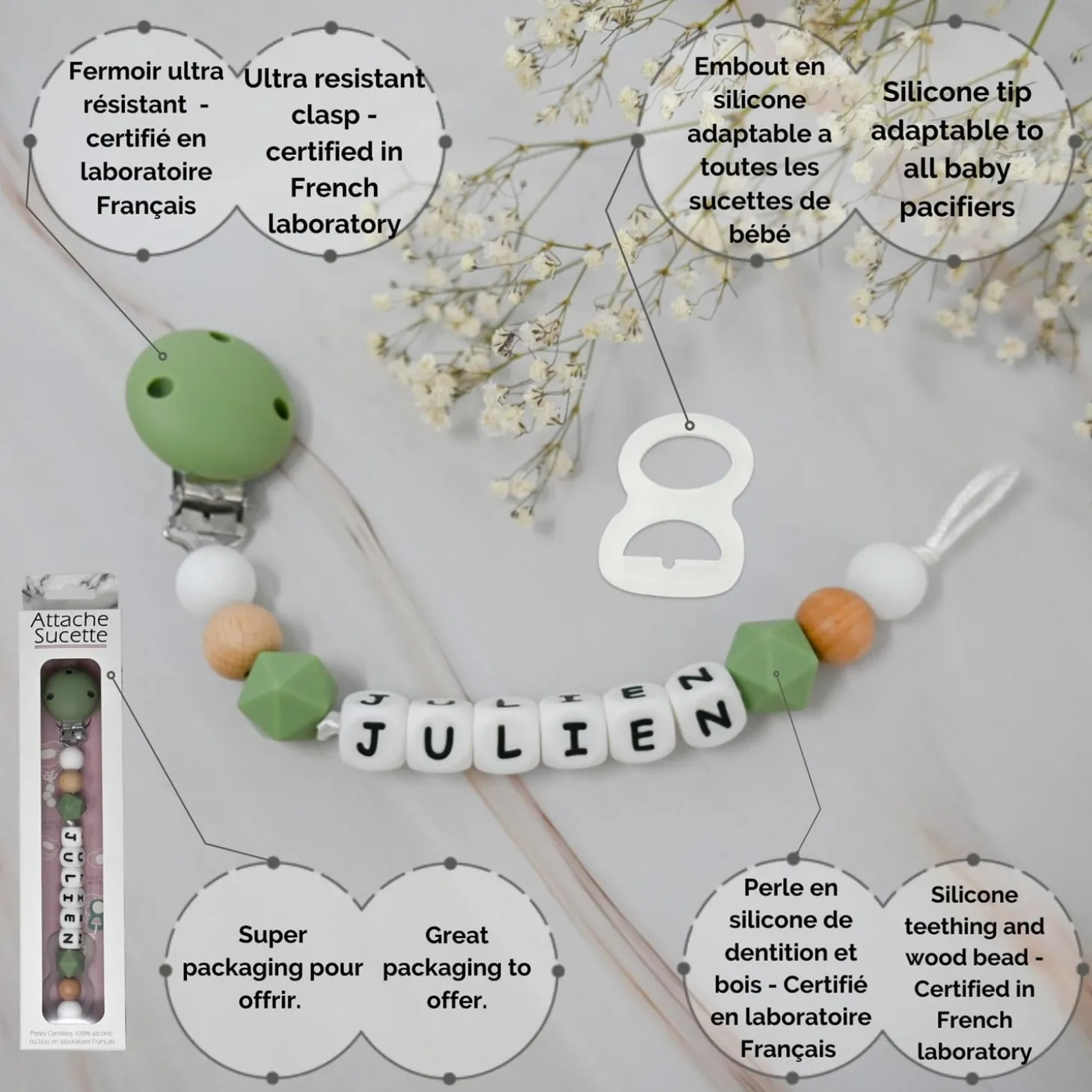 Irréversible Bijoux Attache-sucette silicone personnalisable Kaki Et Bois 22 cm