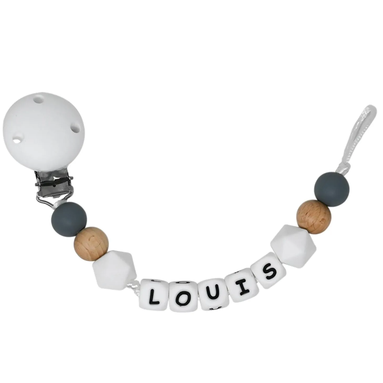 Irréversible Bijoux Attache-sucette silicone personnalisable bois et gris 22 cm