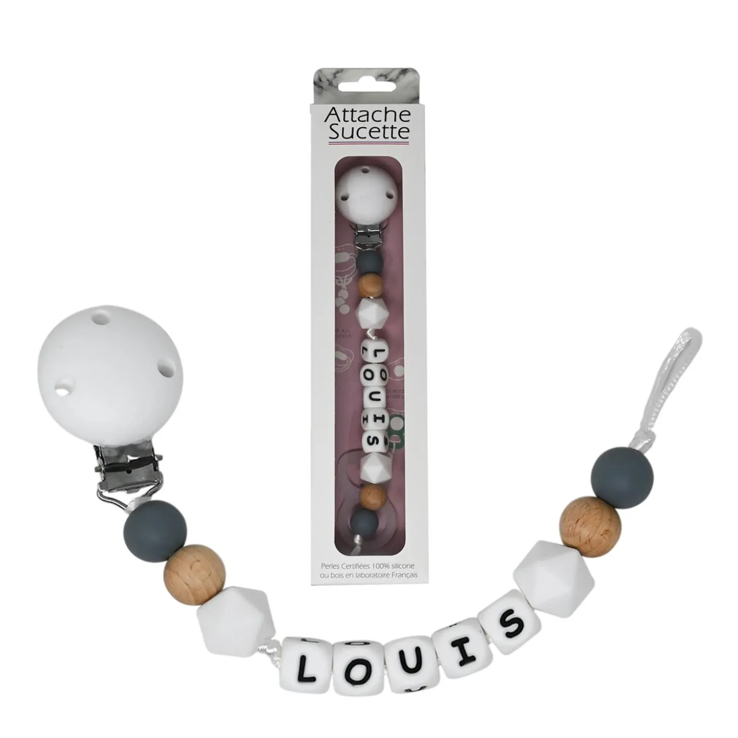 Irréversible Bijoux Attache-sucette silicone personnalisable bois et gris 22 cm