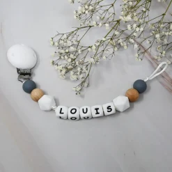 Irréversible Bijoux Attache-sucette silicone personnalisable bois et gris 22 cm