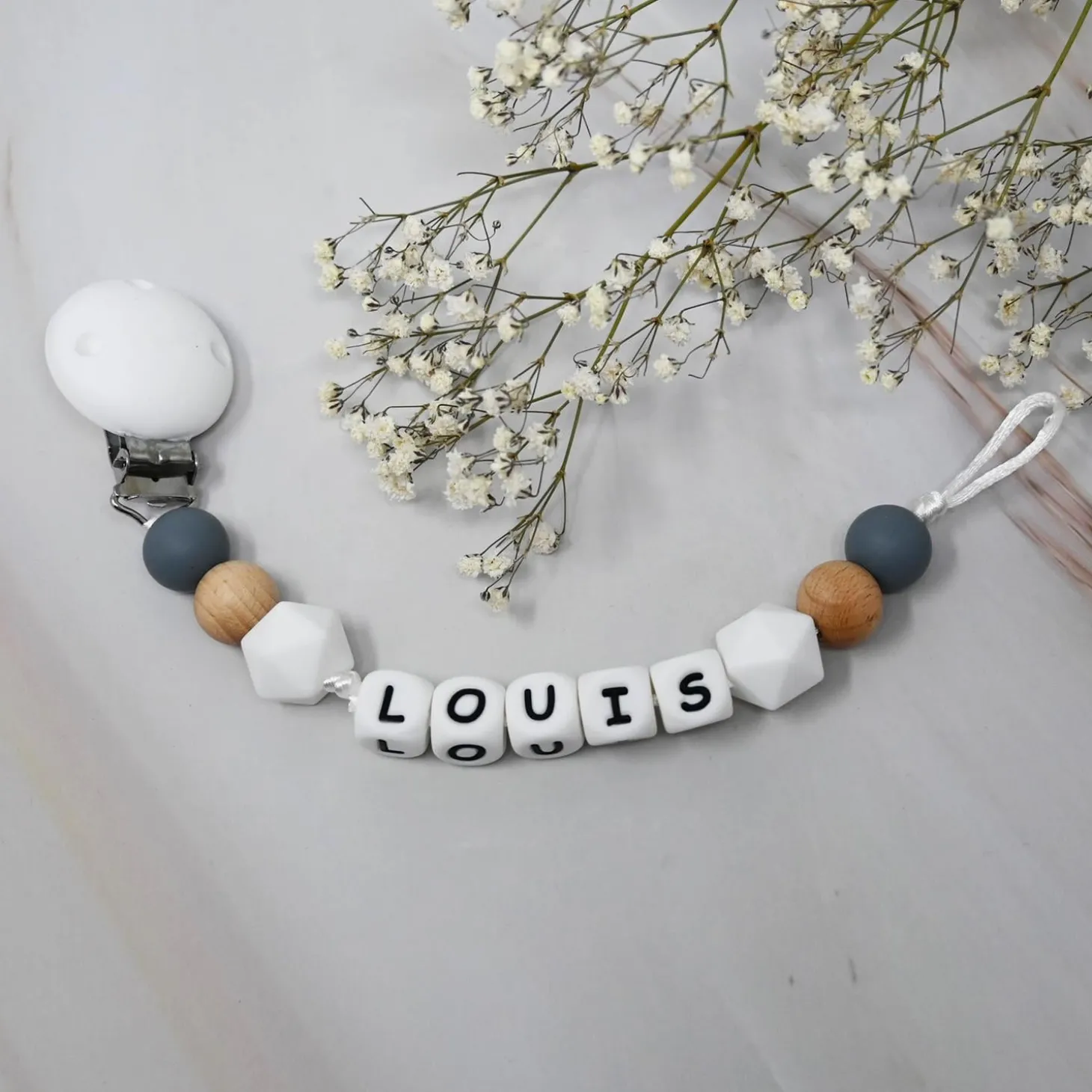 Irréversible Bijoux Attache-sucette silicone personnalisable bois et gris 22 cm