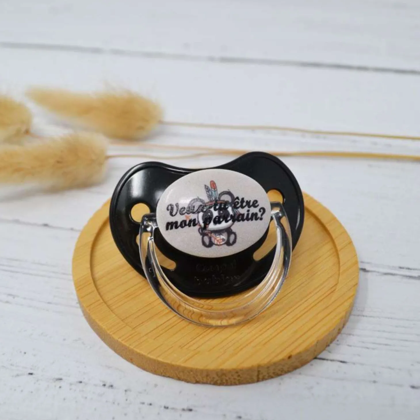 Irréversible Bijoux Sucette d'annonce physiologique Veux-tu être mon parrain ? Noir Et Gris 0-6 mois