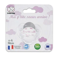 Irréversible Bijoux                    Sucette d'annonce physiologique Ma p’tite soeur arrive !    Rose Et Blanc            0-6 mois