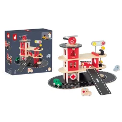 Janod Gamme Bolid - Caserne de Pompiers - 5 Accessoires Rouge