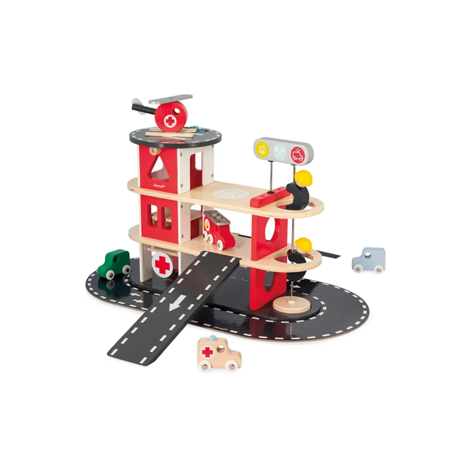 Janod Gamme Bolid - Caserne de Pompiers - 5 Accessoires Rouge
