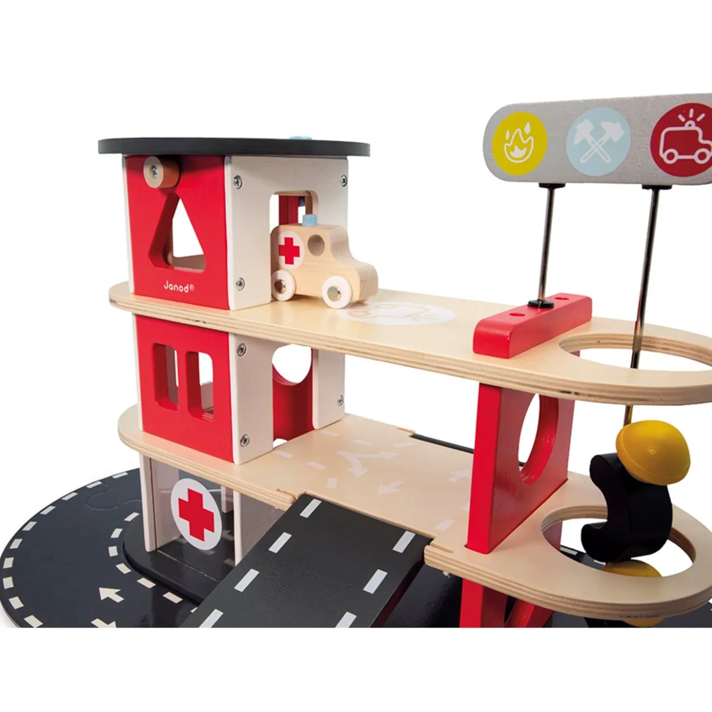 Janod Gamme Bolid - Caserne de Pompiers - 5 Accessoires Rouge