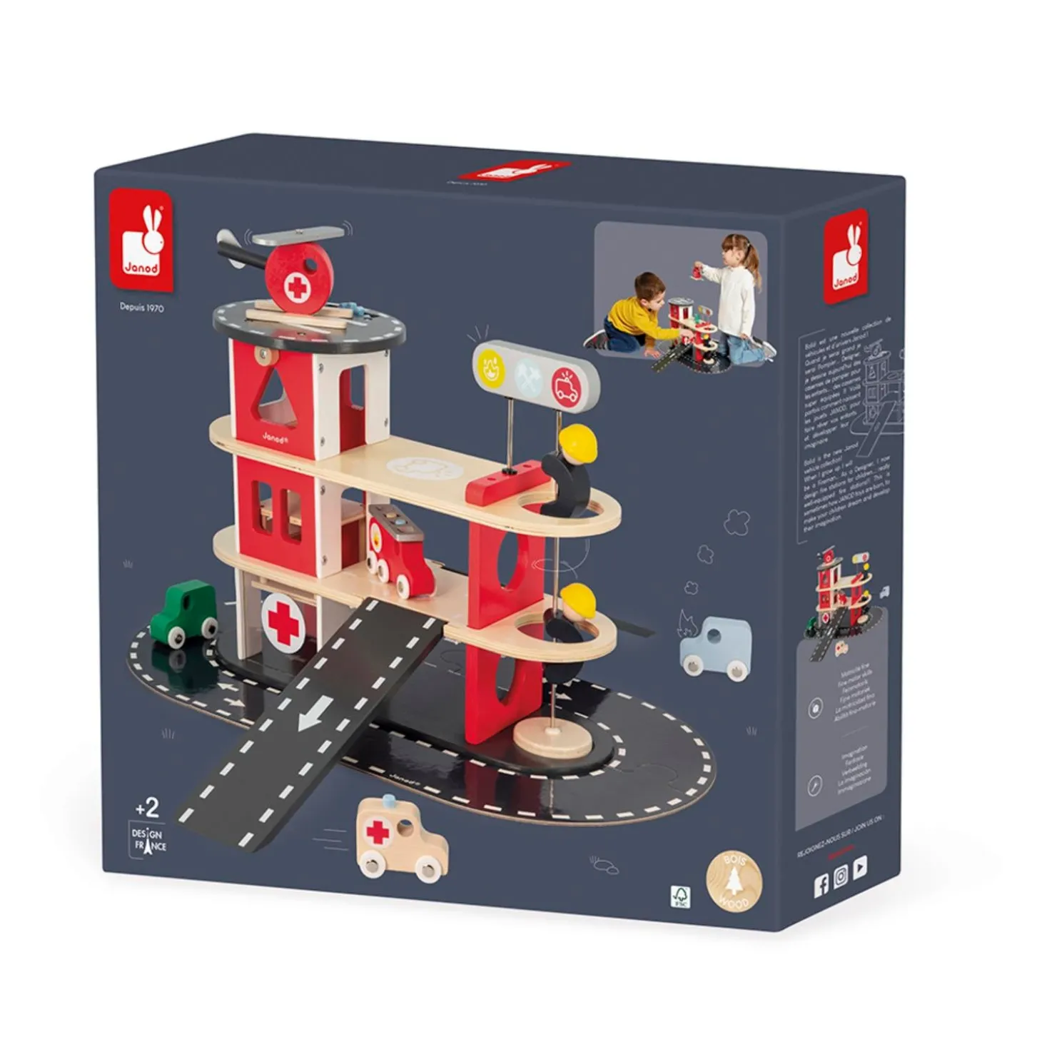 Janod Gamme Bolid - Caserne de Pompiers - 5 Accessoires Rouge