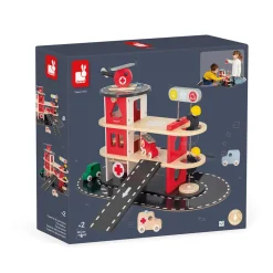 Janod Gamme Bolid - Caserne de Pompiers - 5 Accessoires Rouge