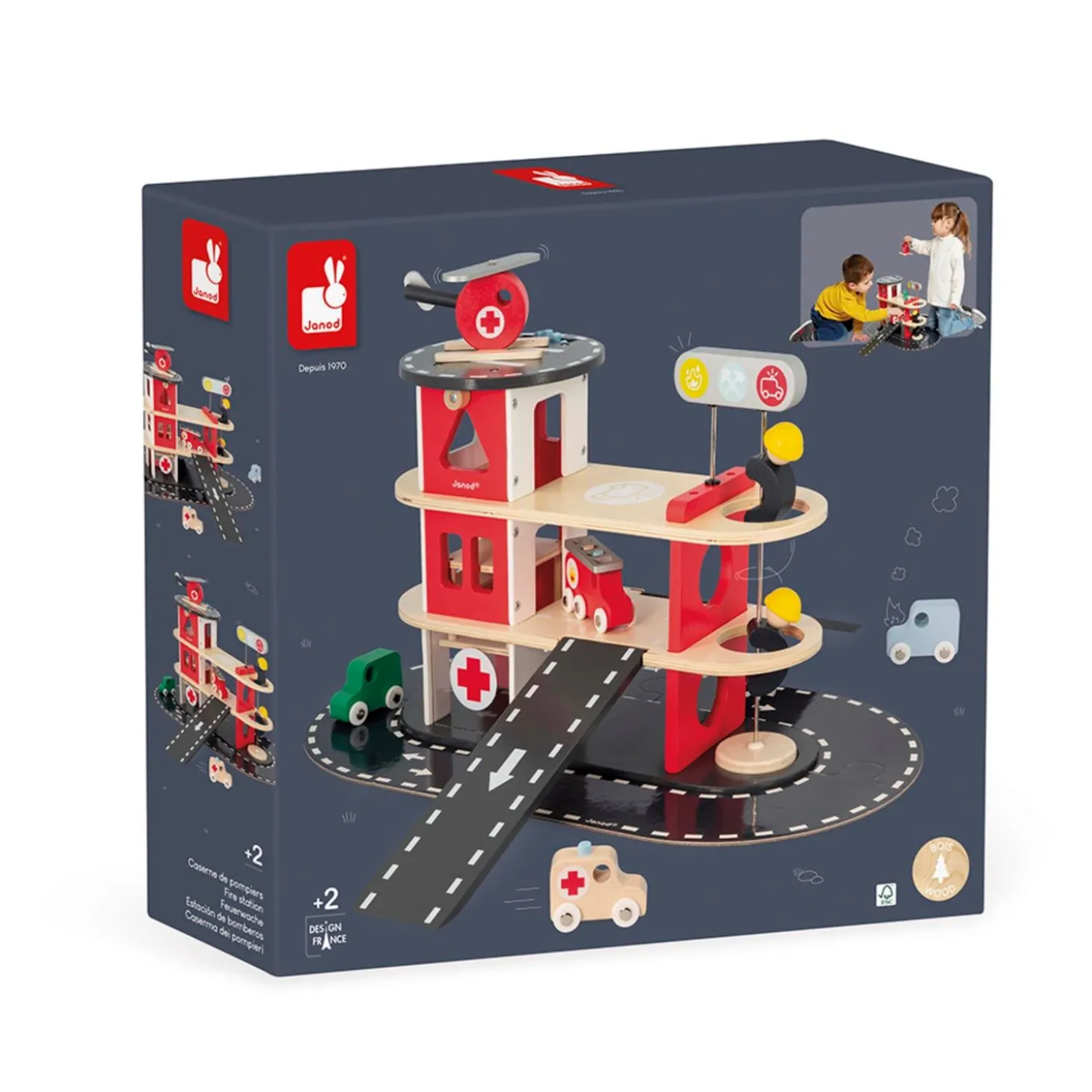 Janod Gamme Bolid - Caserne de Pompiers - 5 Accessoires Rouge