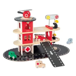 Janod Gamme Bolid - Caserne de Pompiers - 5 Accessoires Rouge
