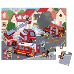 Janod Puzzle carton - Puzzle Pompiers - 24 Pièces - Développe la Patience et la Dextérité Rouge