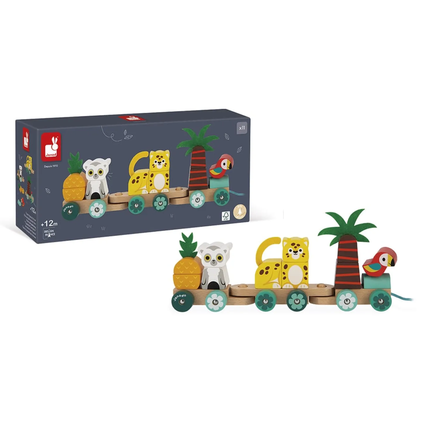 Janod Train en bois Tropical Tropik à Tirer Multicolore