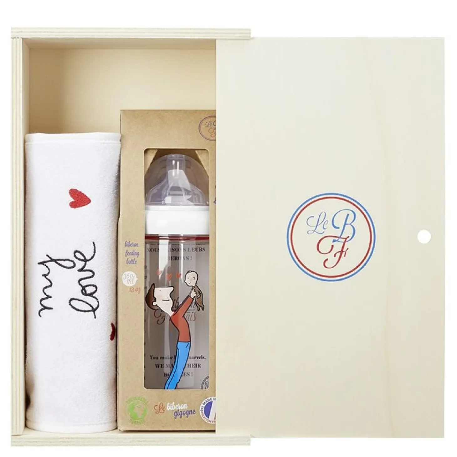 Le biberon Français Coffret biberon + bavoir My Love Papa-Bébé