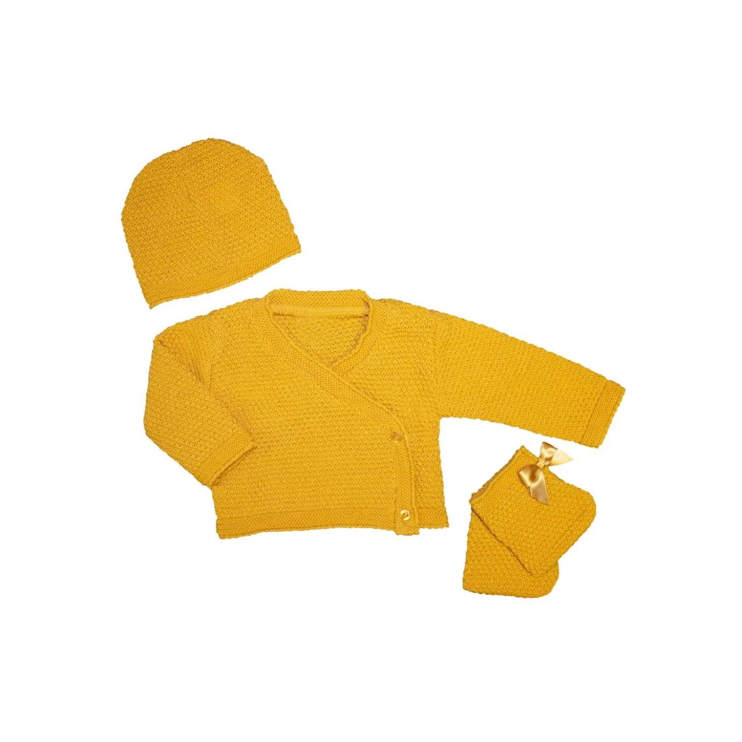 Les Chatounets Brassière + Bonnet et Chaussons tricot Moutarde