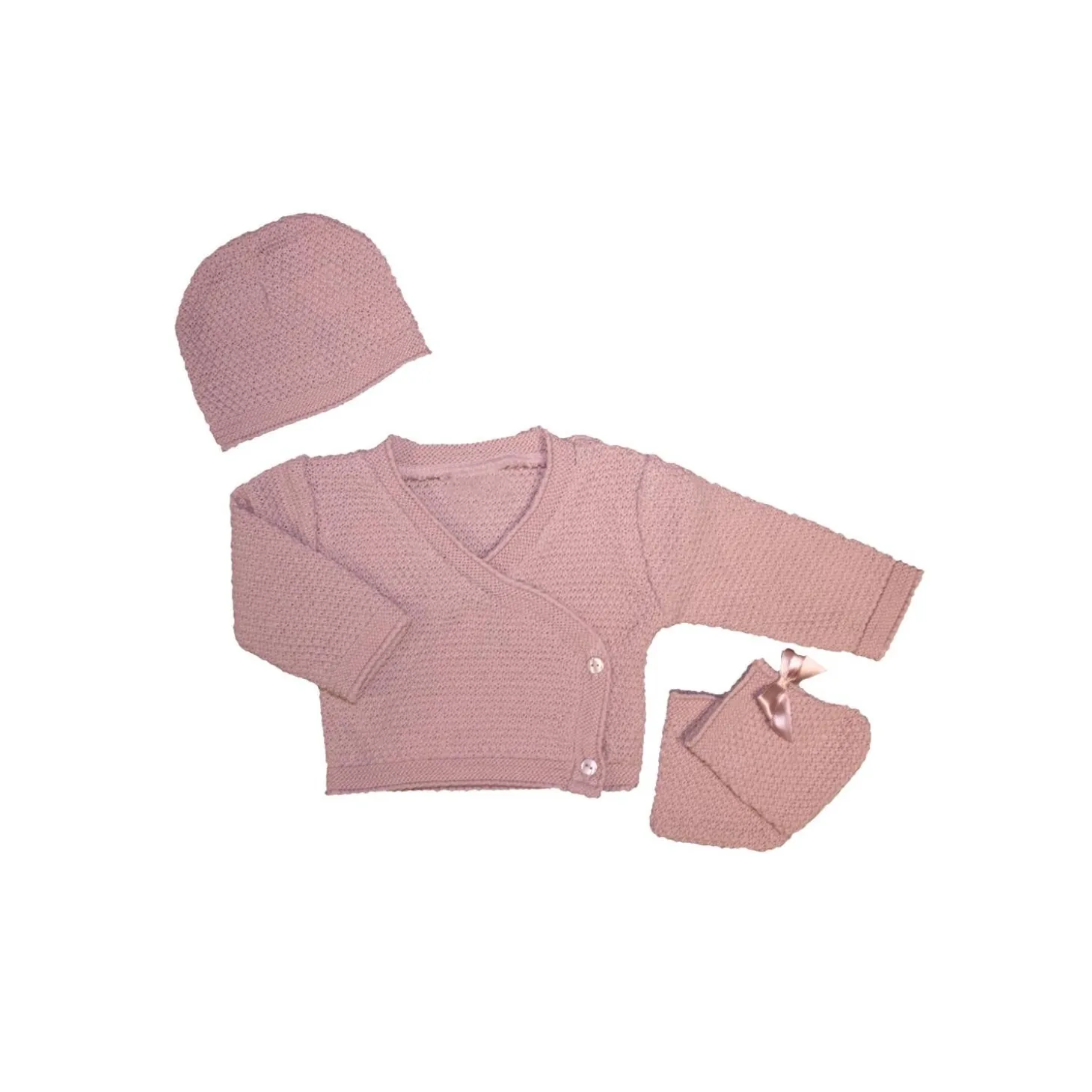 Les Chatounets Brassière + Bonnet et Chaussons tricot Vieux Rose 1 mois