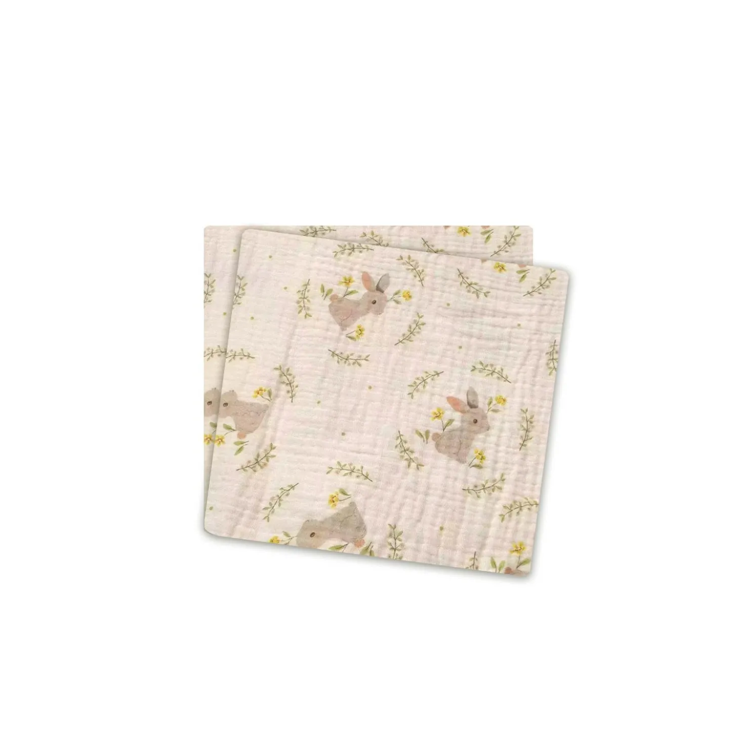 Les Chatounets Lot de 2 Langes All-over Lapin Fleur Ecru/Gris/Vert 72x72 cm