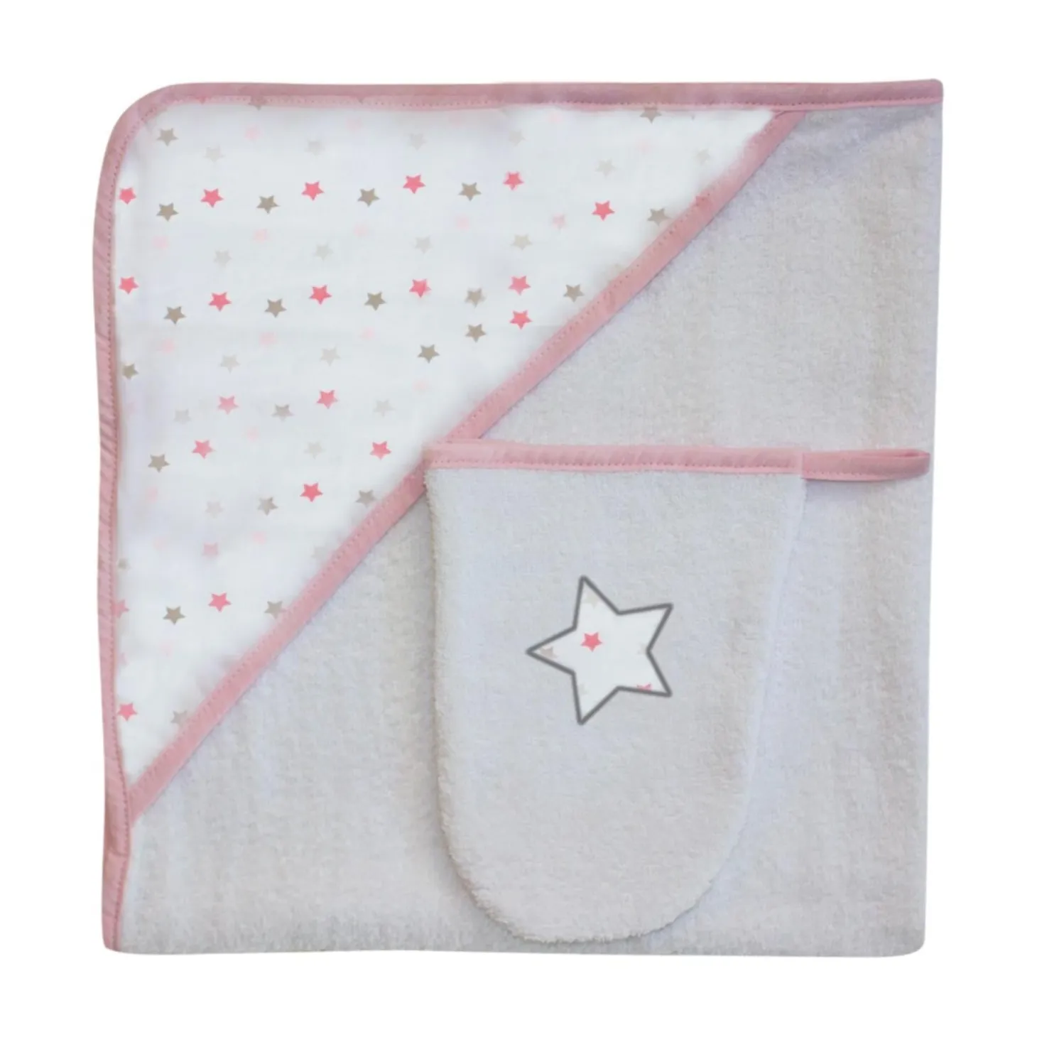 Les Chatounets Sortie de bain + Gant Etoile rose 72x72
