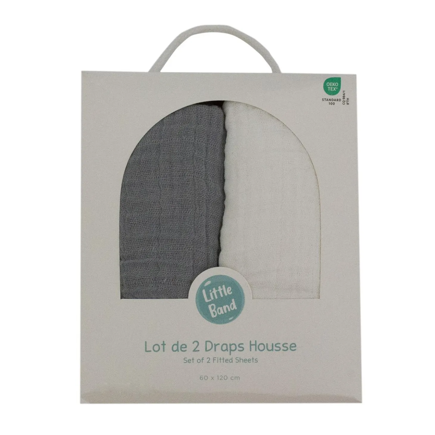 Little Band Lot de 2 Draps Housse Double Gaze Écru/Gris