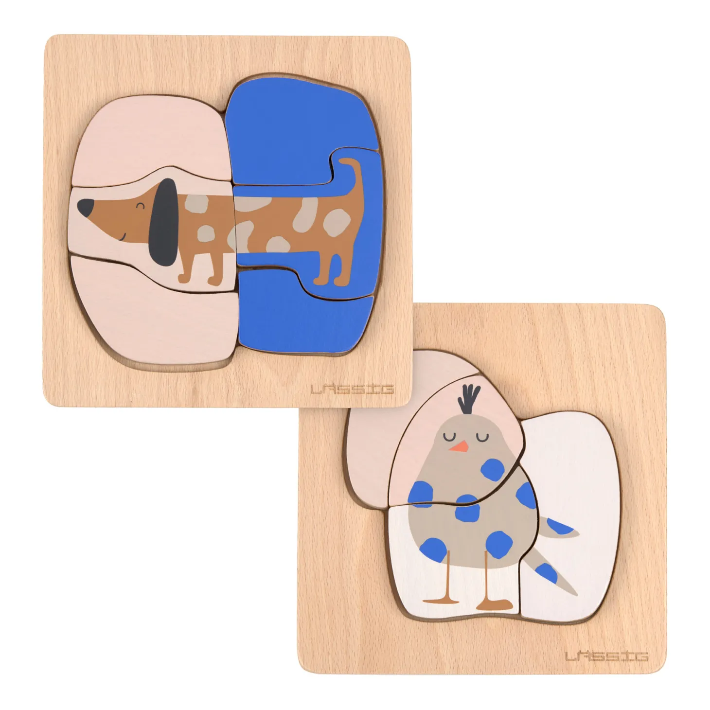 Lässig Puzzle en bois 2 pièces Little Mateys Chien/Oiseau Bleu