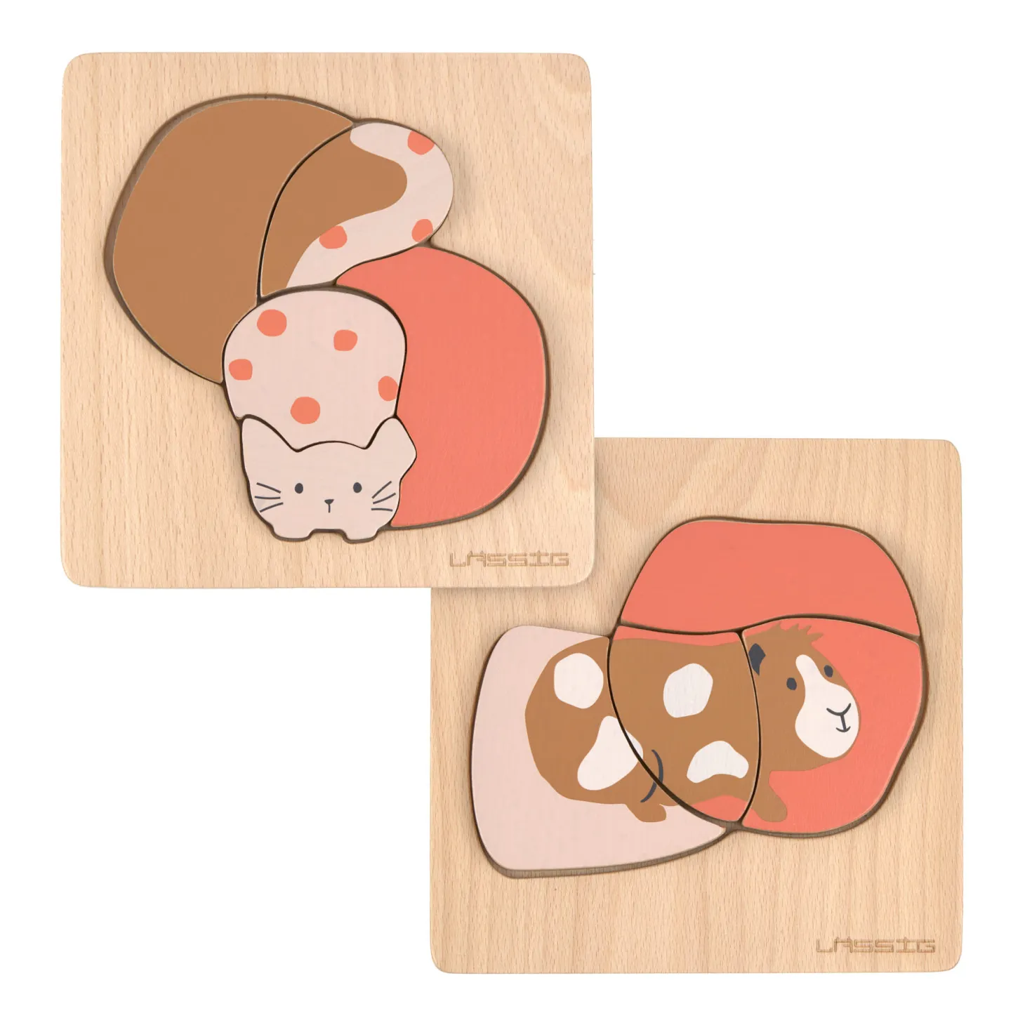 Lässig Puzzle en bois 2 pièces Little Mateys Chat/Cochon D'Inde Abricot
