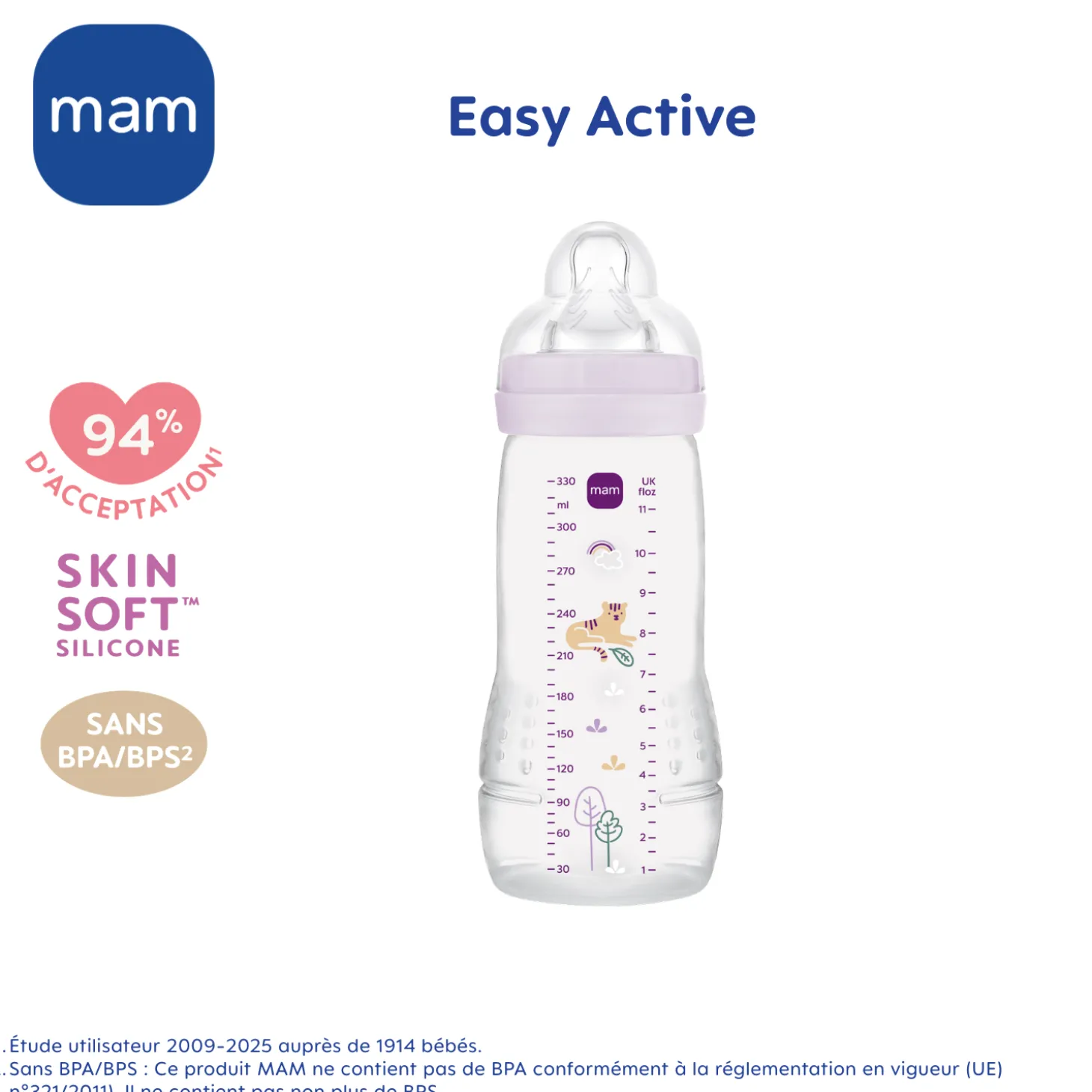 MAM BABY Biberon Easy Active Décoré Tétine Débit X Lilas 330 ml