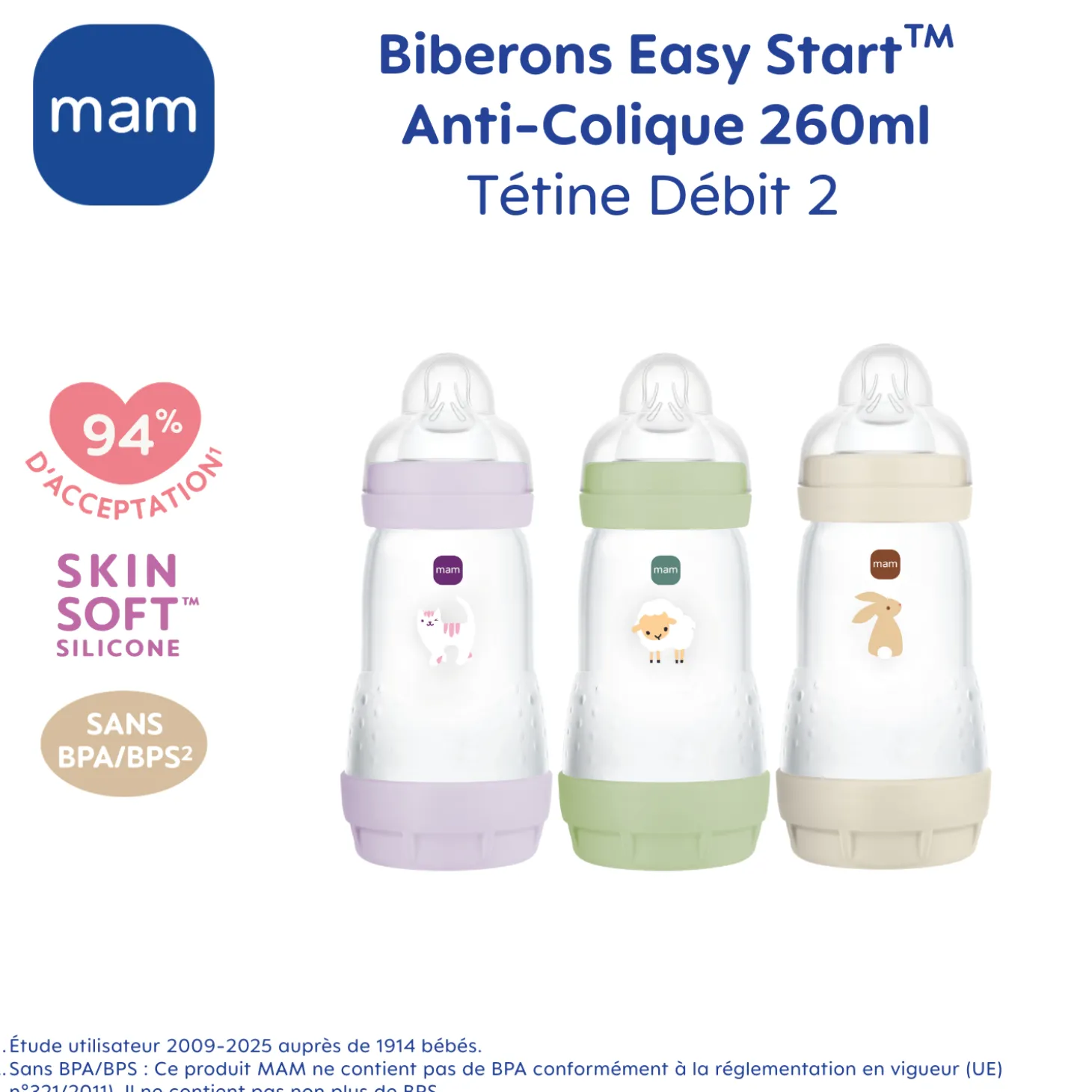 MAM BABY 3 biberons anti-coliques Easy Start Lilas 260 ml