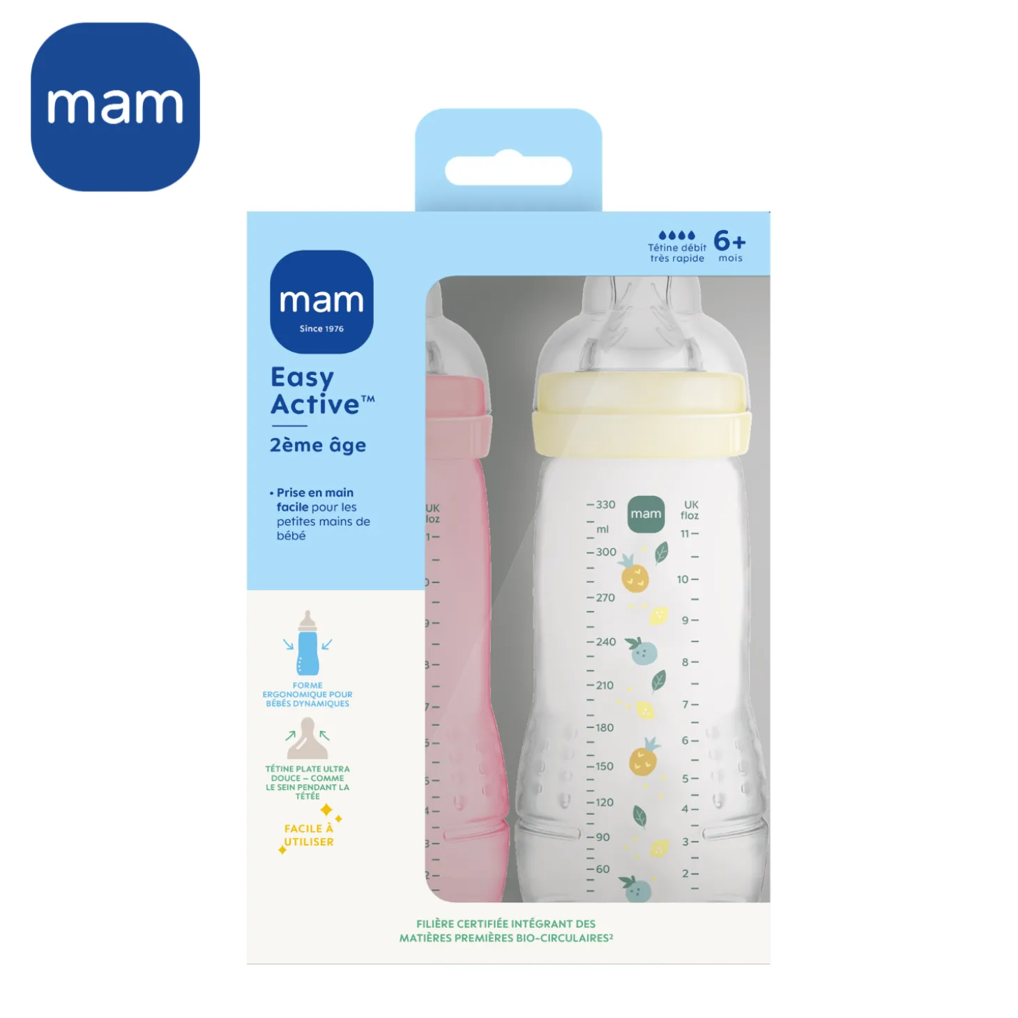 MAM BABY 2 Biberons Easy Active Coloré Tétine Débit X Berry 330 ml