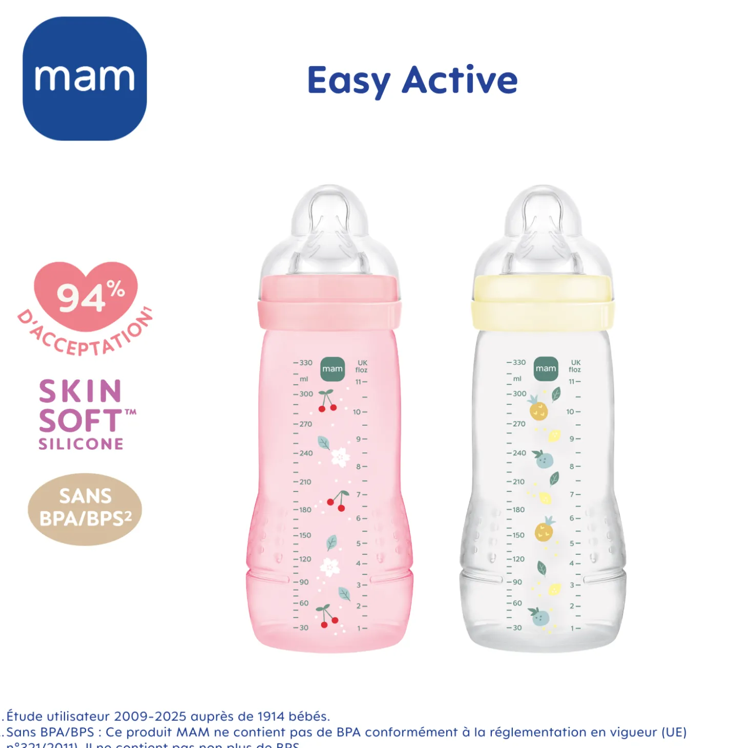 MAM BABY 2 Biberons Easy Active Coloré Tétine Débit X Berry 330 ml