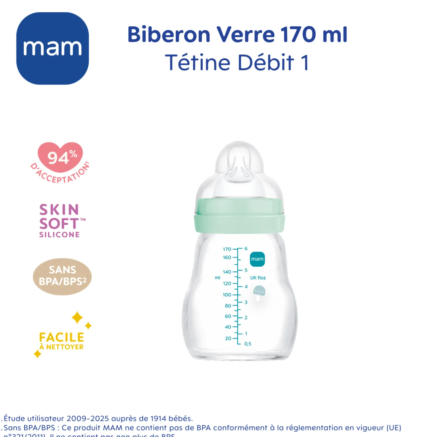 MAM BABY Biberon verre Bleu 170 ml