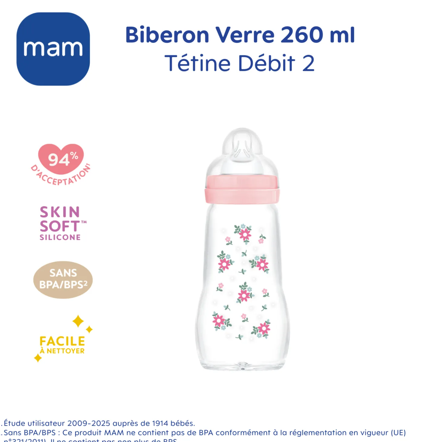 MAM BABY Biberon verre Rose 260 ml