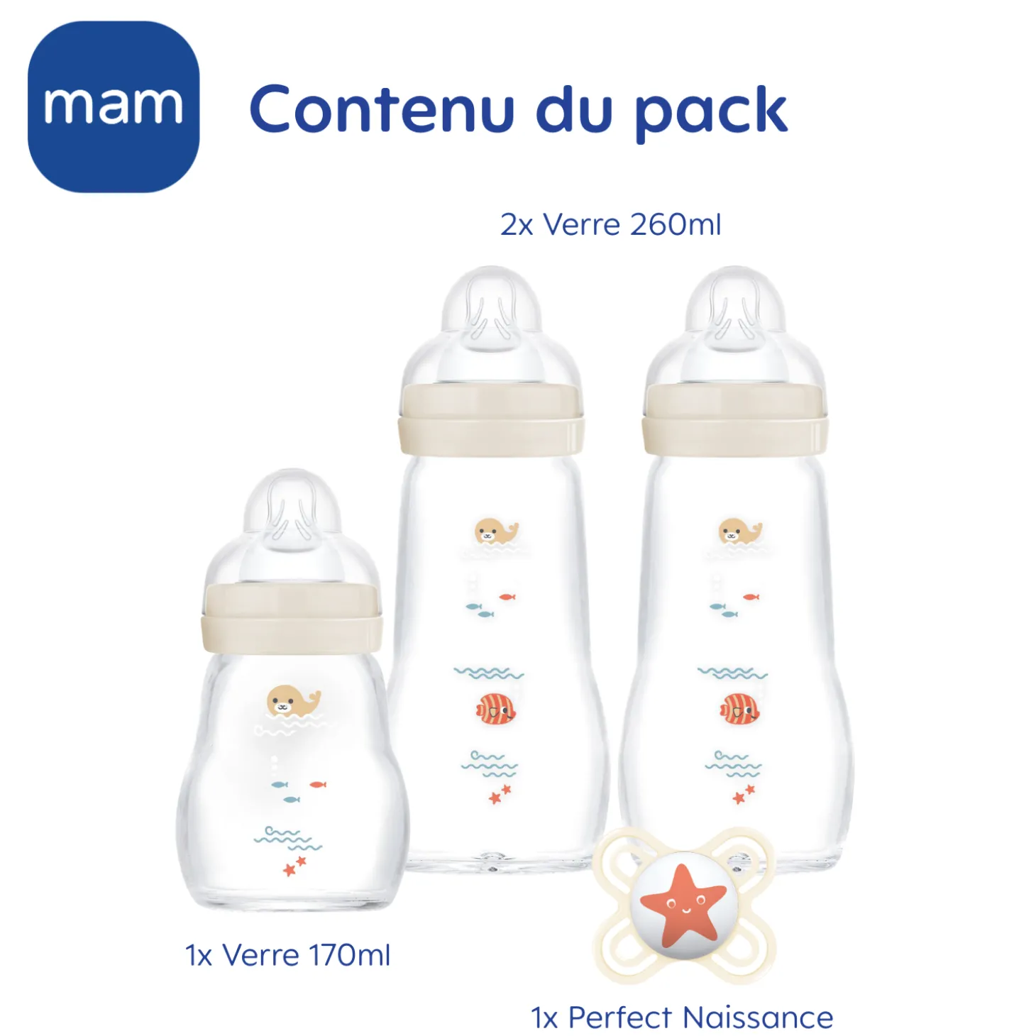 MAM BABY Coffret 3 biberons verre Blanc