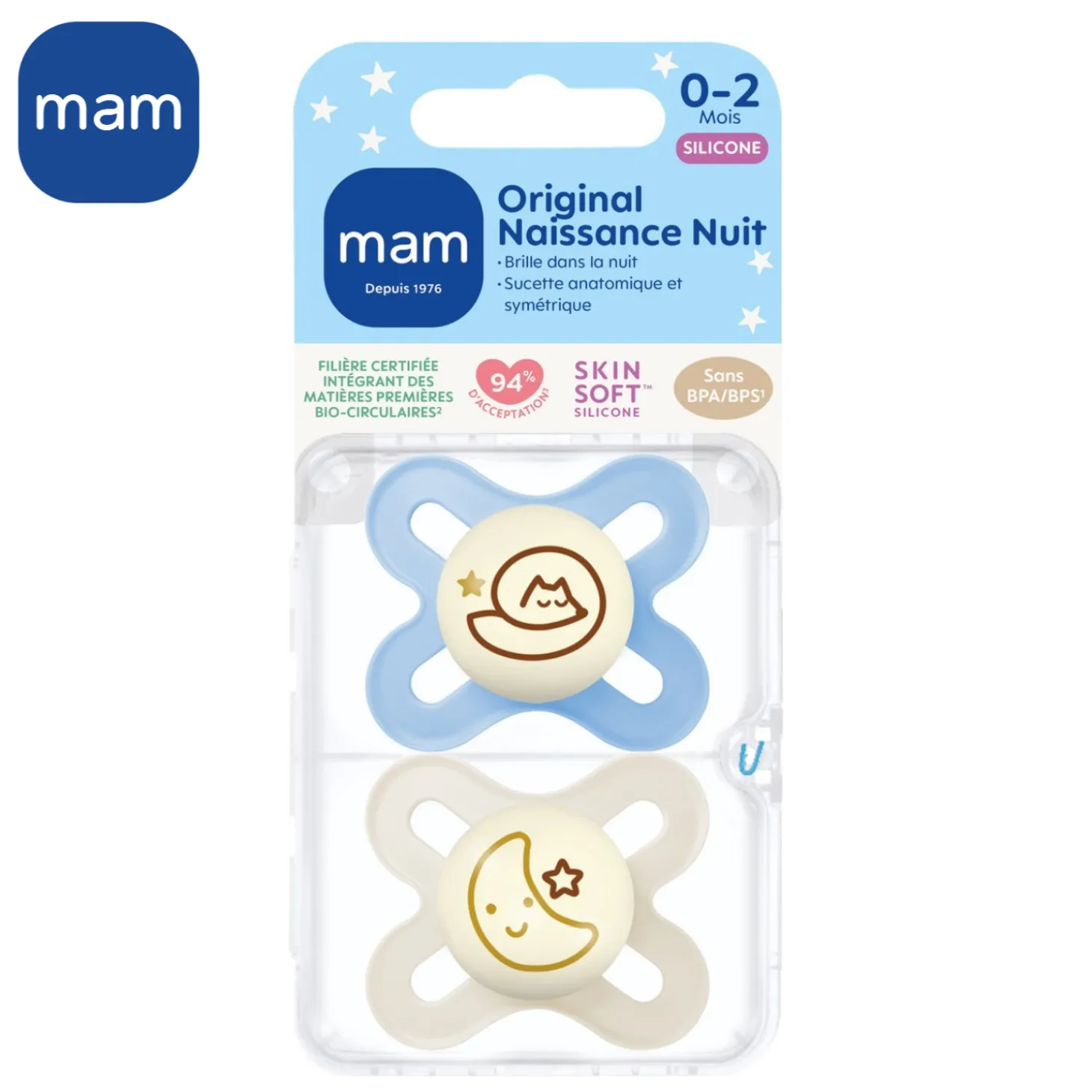 MAM BABY Lot de 2 Sucettes Original Naissance Nuit Silicone Multicolore 0-2 mois