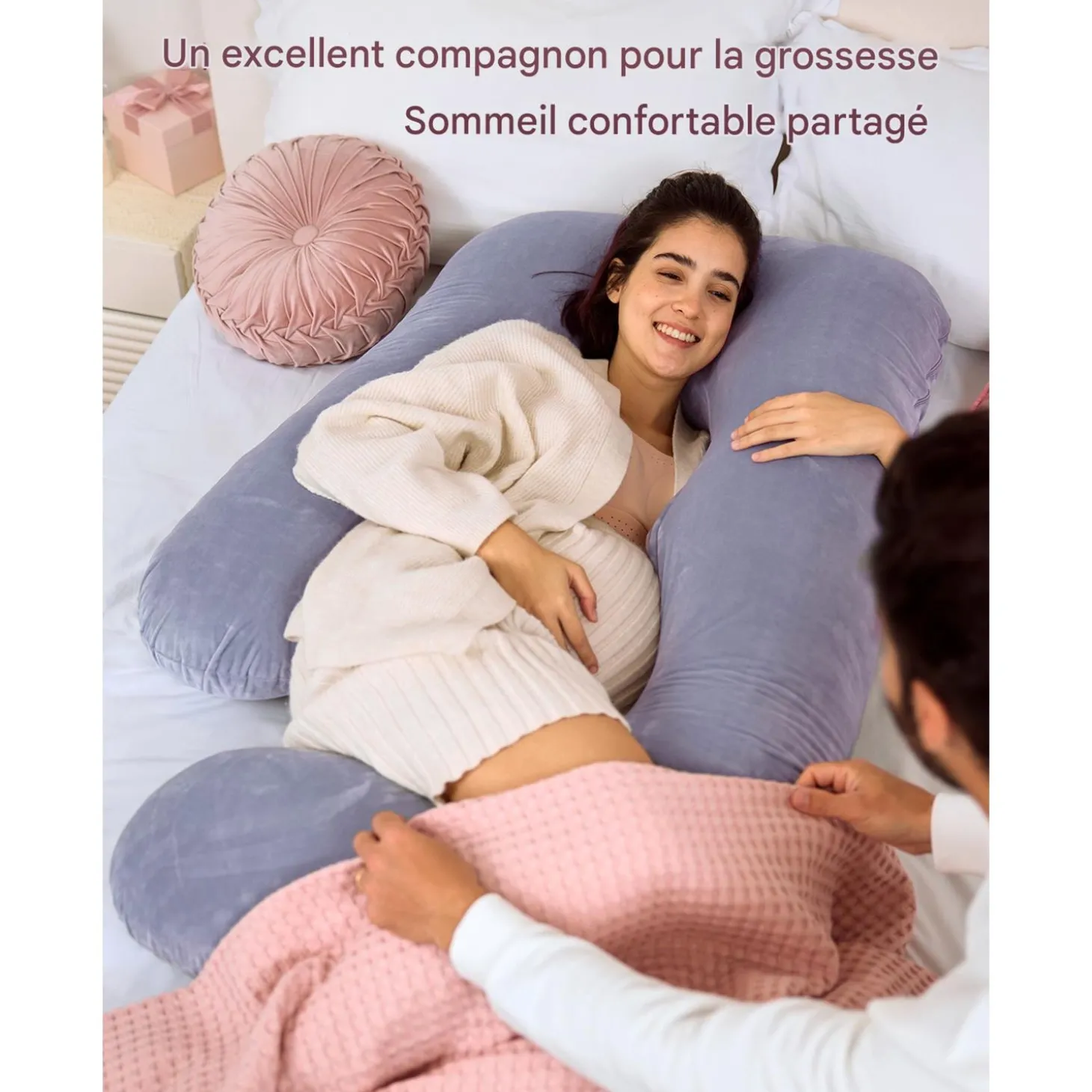 Momcozy Oreiller de grossesse en forme de U Blanc Gris
