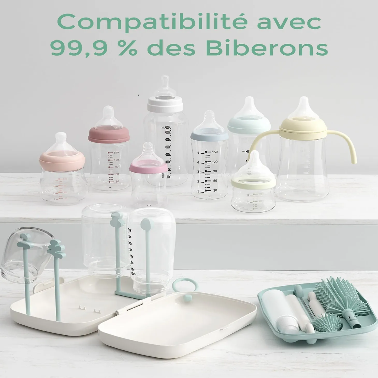 Momcozy Set de brosses de nettoyage de biberons 7-en-1 portable Blanc 7pièces