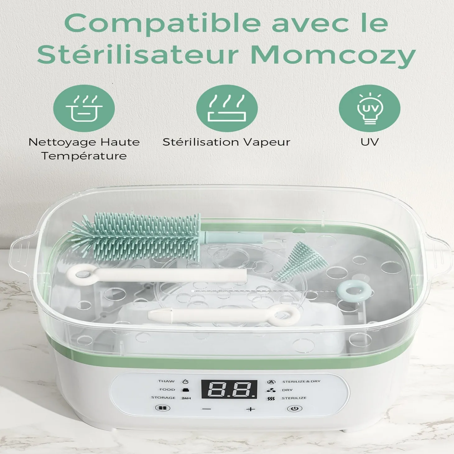 Momcozy Set de brosses de nettoyage de biberons 7-en-1 portable Blanc 7pièces