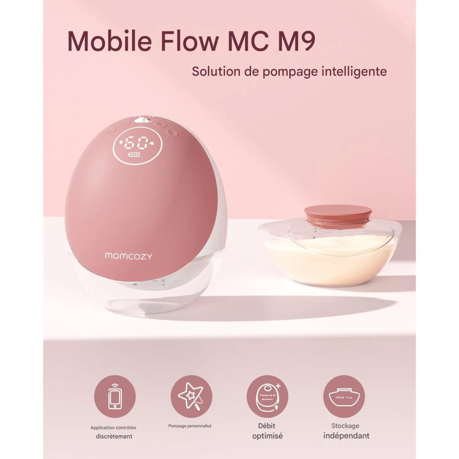 Momcozy Tire-lait mobile M9 Blanc/ Rose 180 ml