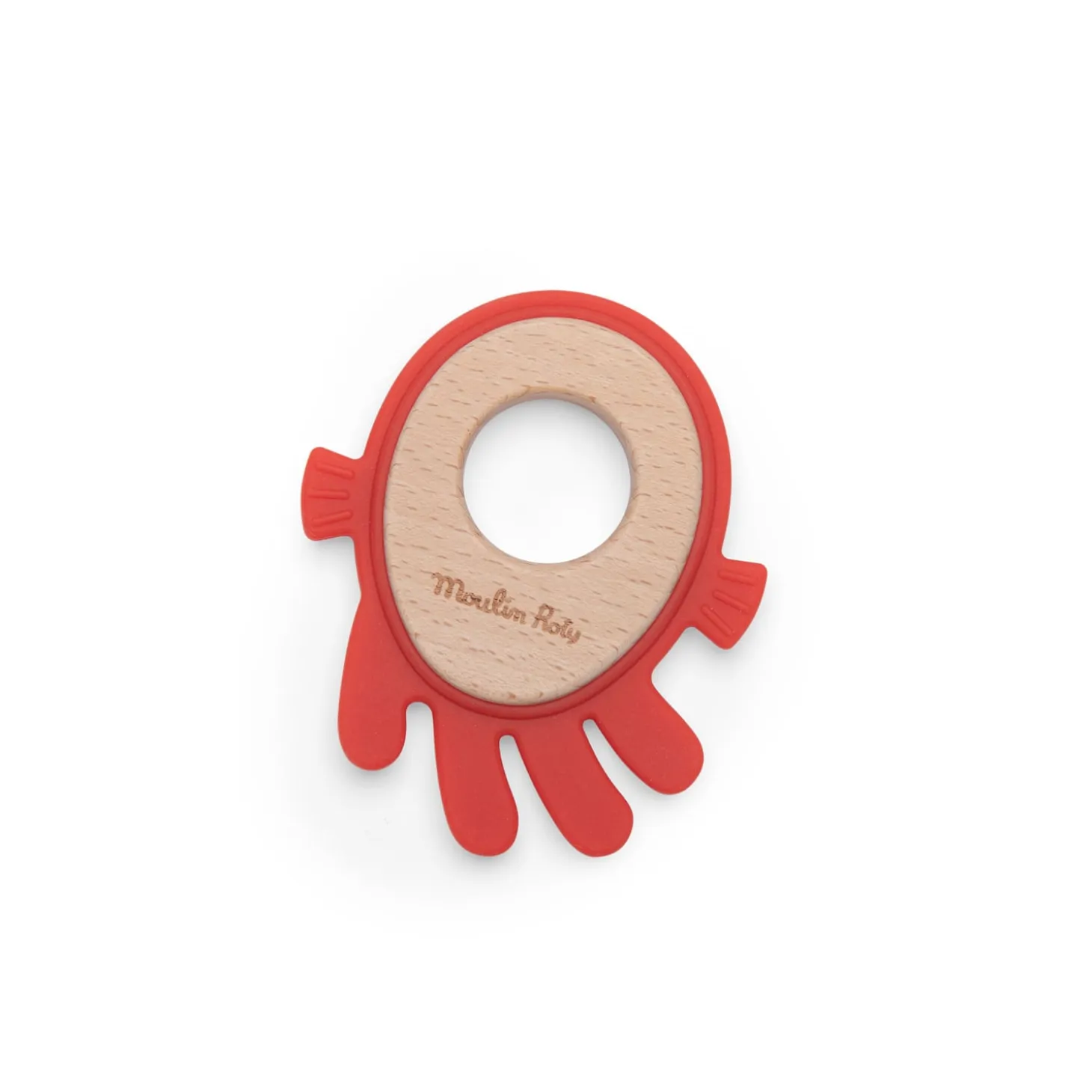 Moulin Roty Anneau de dentition bois et silicone poulpe Rouge