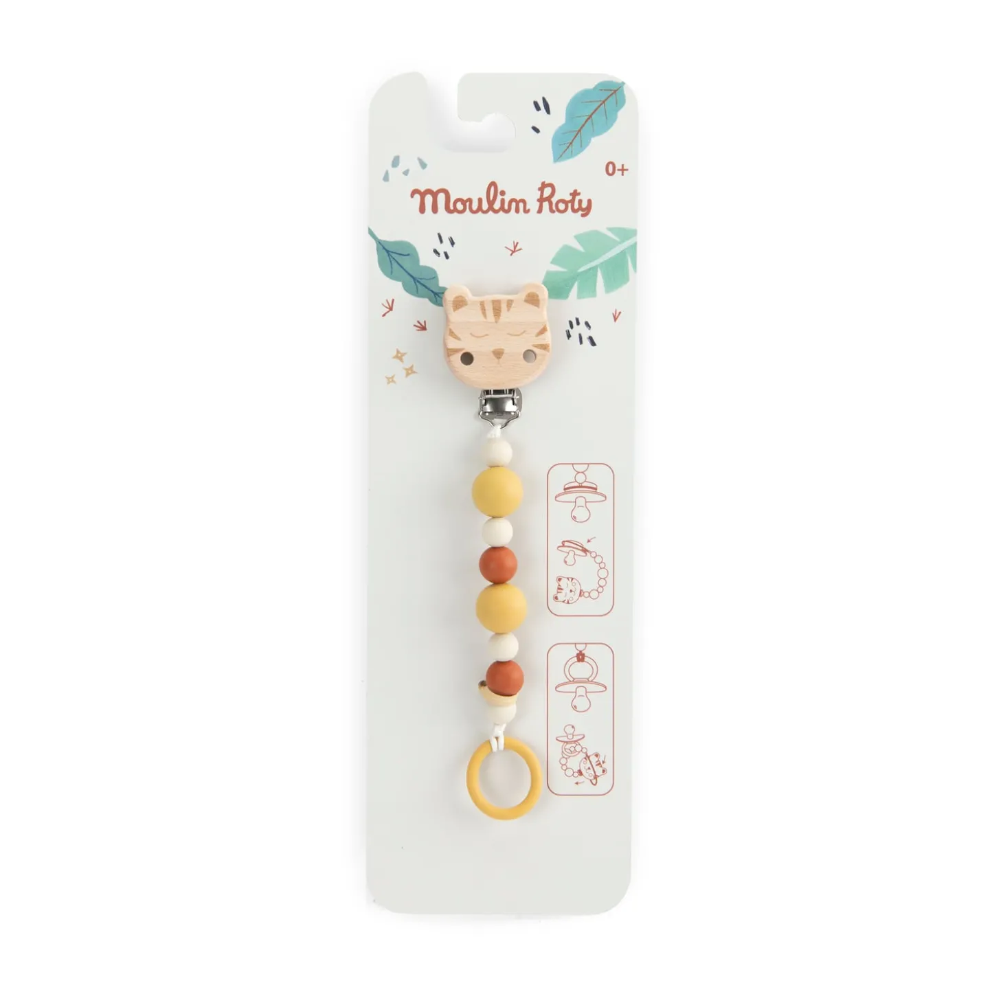 Moulin Roty Attache-tétine bois silicone La forêt Mawa Blanc/ marron/ ocre