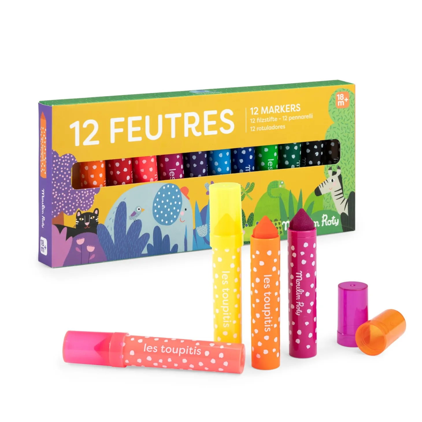Moulin Roty 12 gros feutres pointes coniques Les Toupitis Multicolore